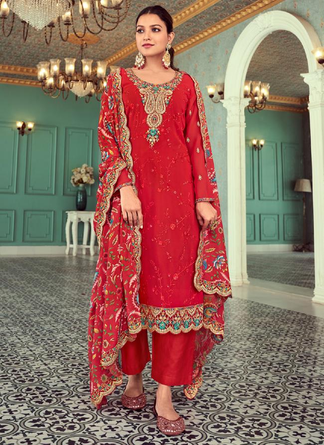 Real Georgette Red Wedding Wear Embroidery Work Straight Suit